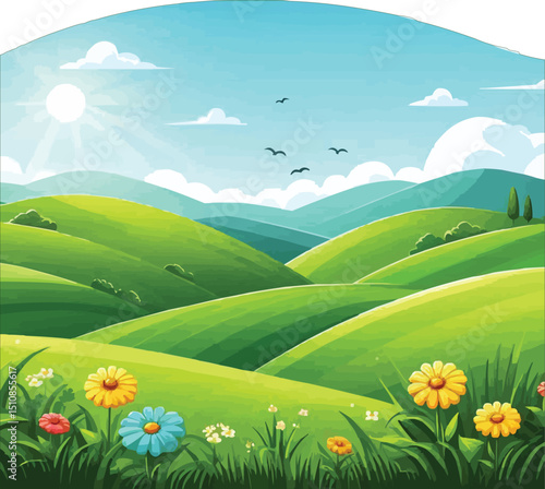 landscape with green grass and flowers