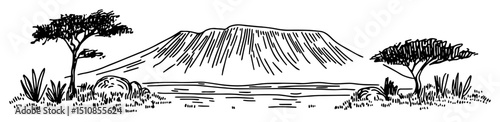 african volcano landscape with savannah trees and lake