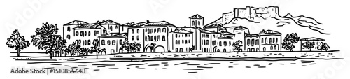 coastal mediterranean town with hilltop fortress