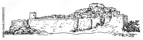 ancient fortified town on stone hill plateau