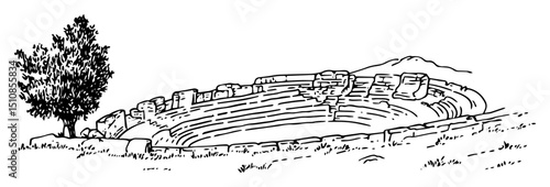 ancient stone amphitheater with hillside and trees