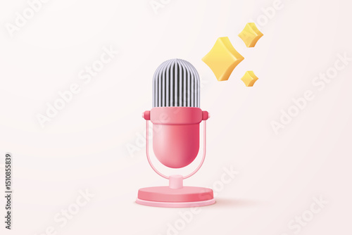 3d microphone with voice for announce promotion in background. mic record for music singing and audio or podcast minimal concept. 3d mic icon vector render illustration for alert and announcement