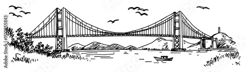 suspension bridge over water with mountains in background