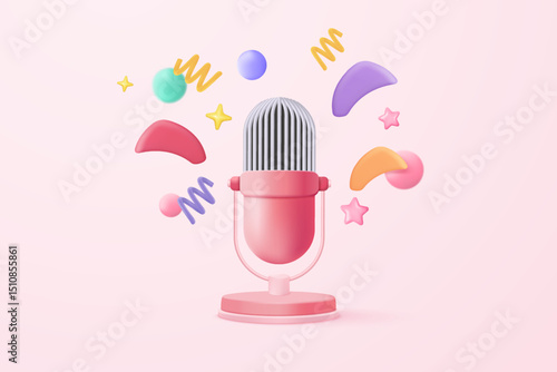3d microphone with voice for announce promotion in background. mic record for music singing and audio or podcast minimal concept. 3d mic icon vector render illustration for alert and announcement