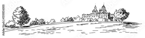 baroque palace on hill with garden and trees