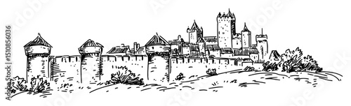 fortified medieval town with stone walls and towers