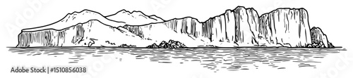 coastal cliffs with mountain range and sea reflections