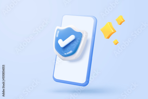 3D mobile phone with shield security icon for online shopping, online payment with protection. Application safety using a smartphone concept. 3d mobile phone safety vector icon render illustration