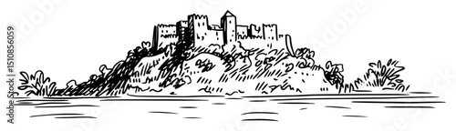 medieval hilltop castle with forest and river below