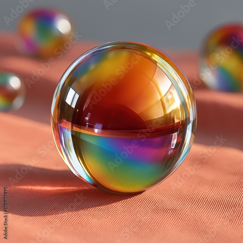 Iridescent Glass Sphere on Coral Fabric Surface