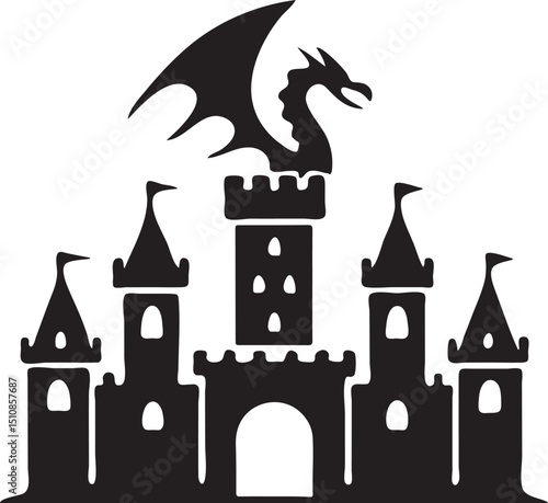 Dragon on Castle Silhouette Fantasy Scene