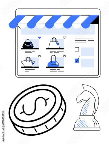 Online shopping platform featuring handbag options, a coin for financial context, and a chess knight for strategy. Ideal for retail, strategy, e-commerce, finance, decision-making, marketing content