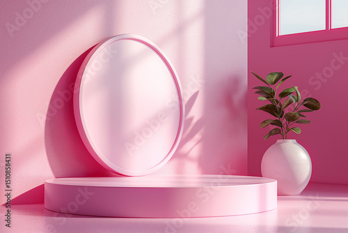 A white vase with a green plant in it sits on a pink surface
