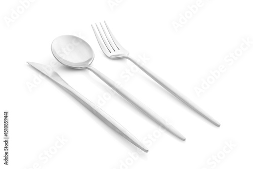 Isolated isometric view of a classic stainless steel cutlery set including a spoon, fork, and knife on a white background. 