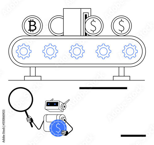 Conveyor with Bitcoin, dollar coins, rotating gears, robot examining coin with magnifying glass. Ideal for technology, automation, cryptocurrency, finance blockchain innovation analysis. Flat
