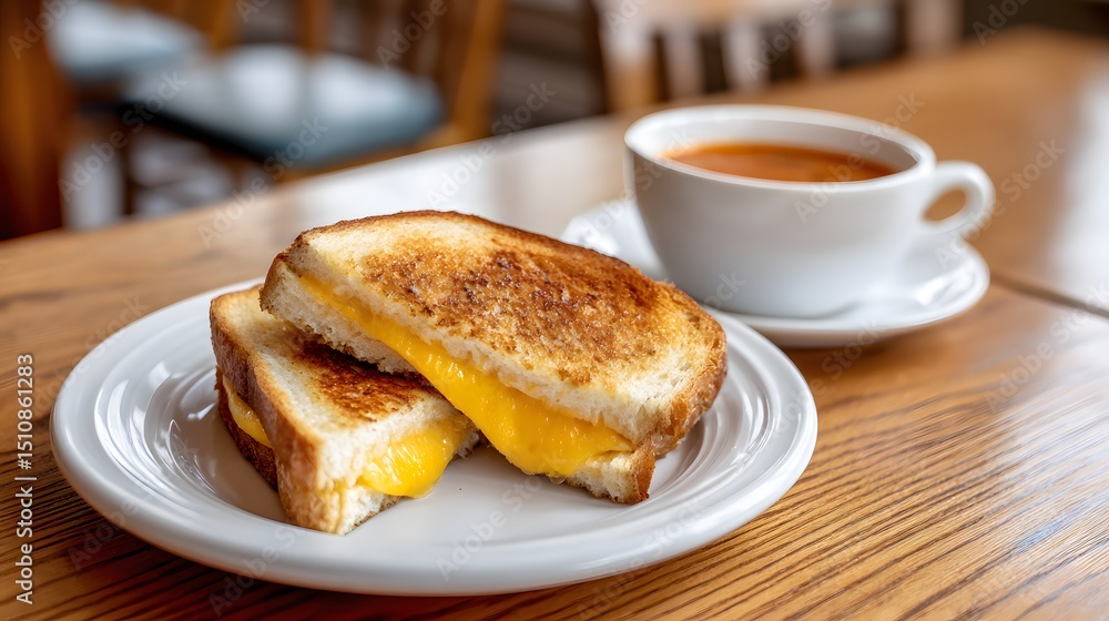 Grilled cheese sandwich with melted cheddar, tomato soup on a wood table advertising food photography Grilled cheese sandwich with melted cheddar, tomato soup on a wood table advertising food photography