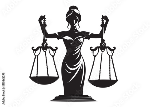 justice scales lady logo silhouette vector, lady justice logo  icon silhouette, woman holding scales of justice silhouette lady lawyer logo design vector illustration silhouette on a white background 