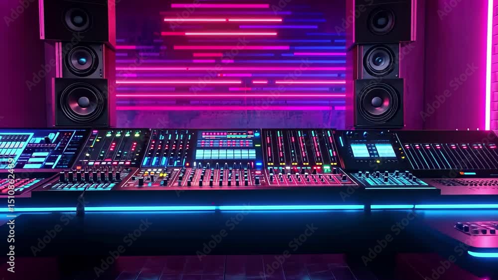 Vibrant neon music room with electric equipment and glowing lights, Animated background of neon-lit music room with electronic equipment ing time-lapse video