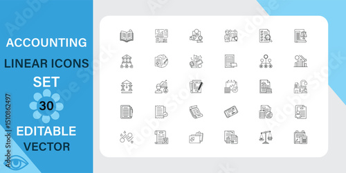 Accounting Linear Icons Set. investment, graph, char and more. Outline vector icon in linear style. Editable stroke. Vector illustration.
