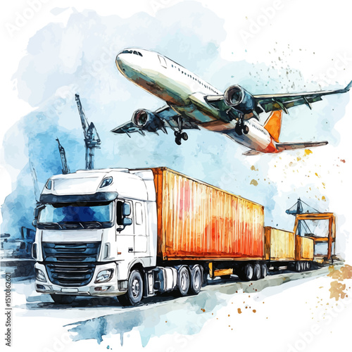 Logistics, watercolor painting vector, high quality, isolated on a white background.