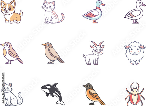 Several cute cartoon animals appear as a group, including mammals, birds, and an insect with transparent background