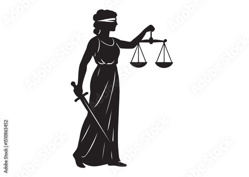 justice scales lady logo silhouette vector, lady justice logo  icon silhouette, woman holding scales of justice silhouette lady lawyer logo design vector illustration silhouette on a white background 
