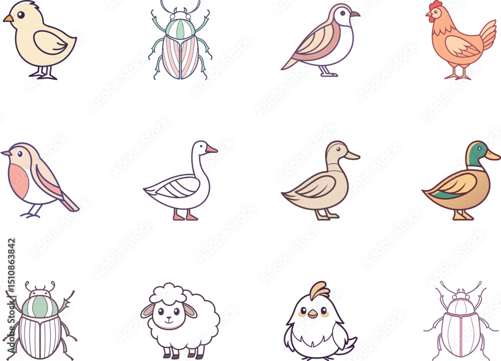 Fototapeta premium Diverse collection reveals charming cartoon bird, sheep, duck and beetle standing on white background