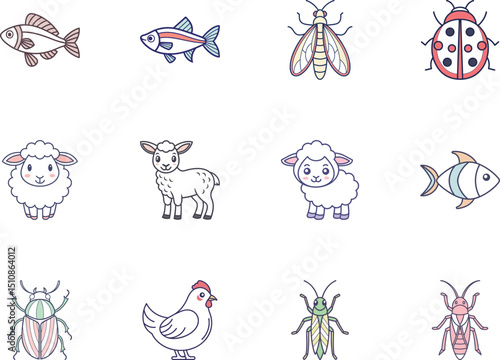 Several adorable cartoon animal icons are displayed in a grid pattern against a white backdrop