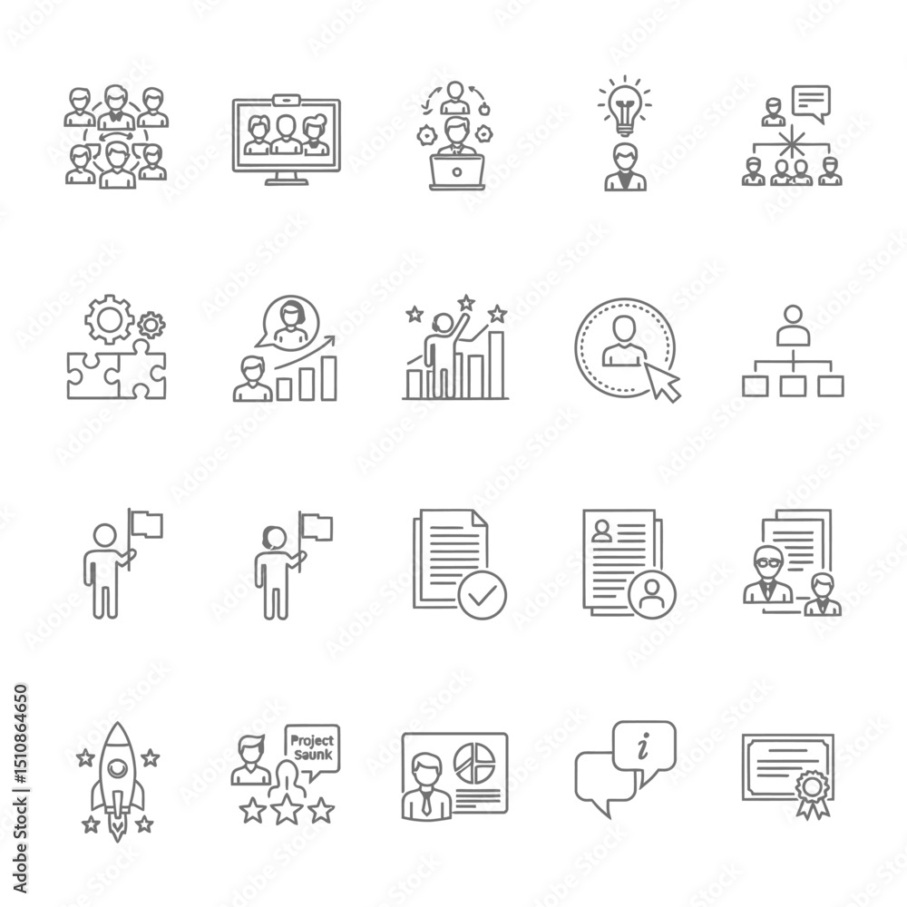 A collection of business and management related line icons presented in a grid arrangement style A collection of business and management related line icons presented in a grid arrangement style