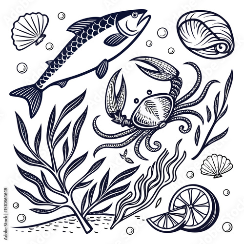 Aquatic Symphony: A delicate black and white illustration showcases a harmonious marine collection, from a fish gracefully swimming, a crab with open pincers to a clam revealing its hidden treasure.