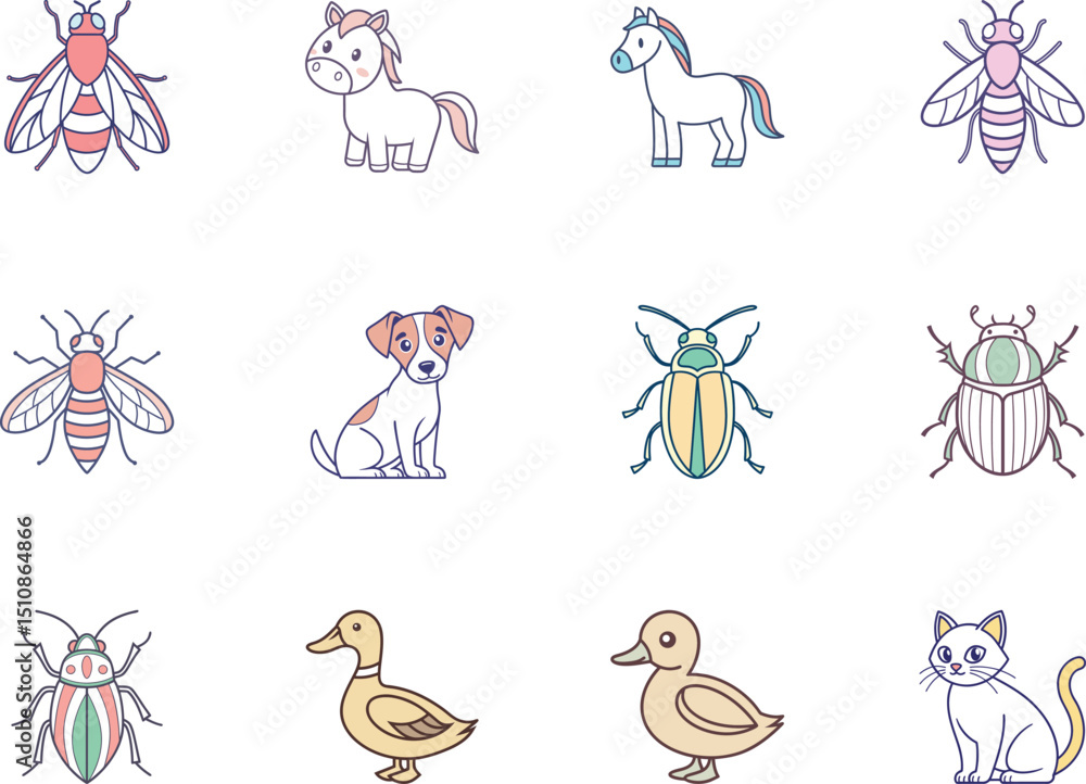 Fototapeta premium Cartoon insects, pets, and waterfowls are arranged evenly on the white background