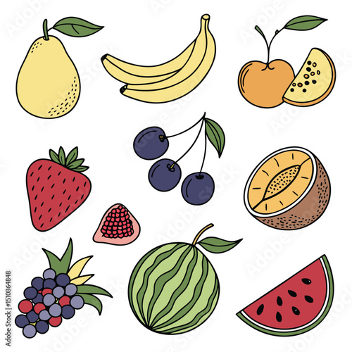 Fresh Fruit Medley: A vibrant illustration of a collection of fresh fruits. This colorful arrangement celebrates the natural beauty and variety of nature's bounty. 