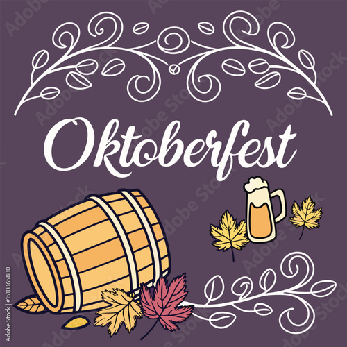 Oktoberfest: A lively illustration of the Oktoberfest, with a barrel, beer mug and foliage, capturing the festive spirit of the renowned beer festival.