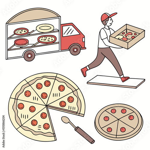 Pizza Delivery: A vibrant illustration depicts a swift pizza delivery, with a delivery person in action carrying a pizza box alongside a pizza truck and assorted pizzas ready to be enjoyed.