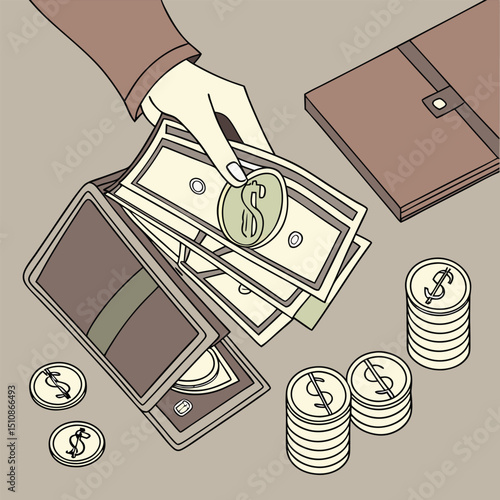 Cash in hand: Illustrative portrayal of hand placing coin into wallet beside briefcase, symbolizing monetary actions.
