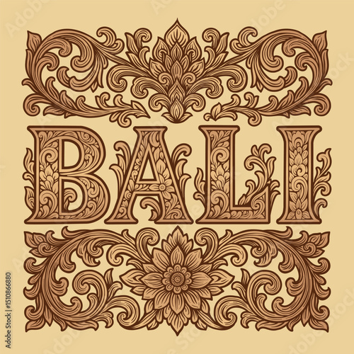 Vector Traditional Balinese Floral Ornament with Lotus Motif and Curved Leaf Scrolls and Bali Decorative Font with Ornamental Floral Pattern in Traditional Indonesian Style on Beige Background