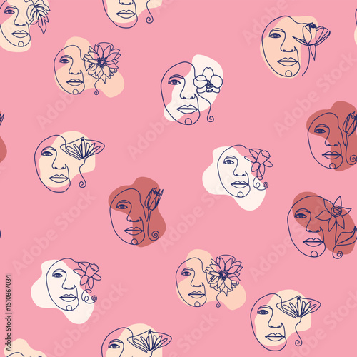 Female portrait Outline woman face, abstract flowers leaves, line continuous drawing vector seamless pattern.