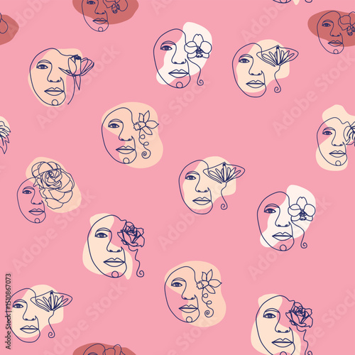 Female portrait Outline woman face, abstract flowers leaves, line continuous drawing vector seamless pattern.