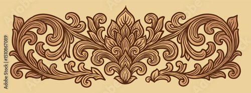 Vector Classic Balinese Ornamental Decoration with Stylized Tropical Leaves and Ethnic Motif on Beige Background