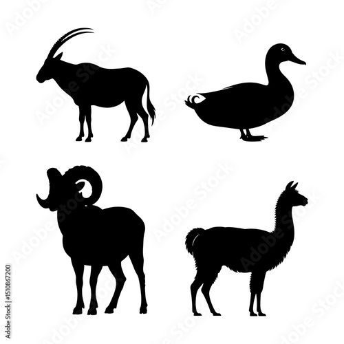 Silhouette illustration featuring an oryx, a duck, a ram, and a llama in a simple composition