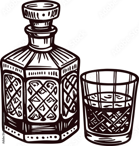 Vintage glass decanter and tumbler with whiskey, intricate design and texture