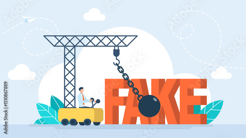 Wrecking ball excavator destroy Fake news or false information spreading on website and social media, screening or verify truth before sharing or believe concept, fake news. Vector illustration