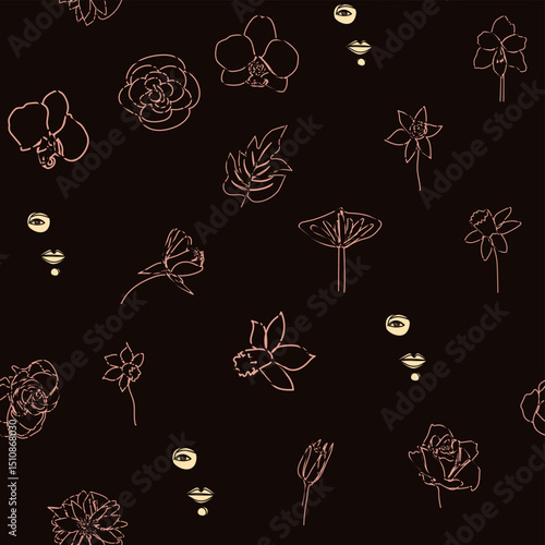 Female portrait Outline woman face, abstract flowers leaves, line continuous drawing vector seamless pattern.