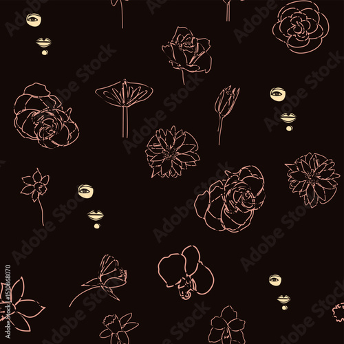 Female portrait Outline woman face, abstract flowers leaves, line continuous drawing vector seamless pattern.