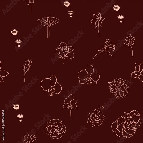 Female portrait Outline woman face, abstract flowers leaves, line continuous drawing vector seamless pattern.