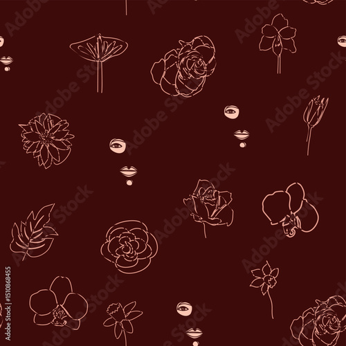 Female portrait Outline woman face, abstract flowers leaves, line continuous drawing vector seamless pattern.