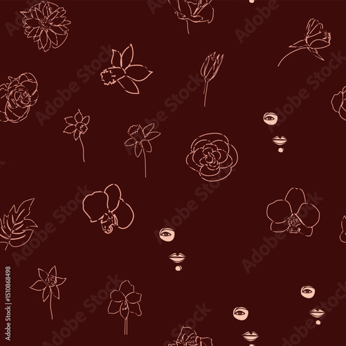 Female portrait Outline woman face, abstract flowers leaves, line continuous drawing vector seamless pattern.