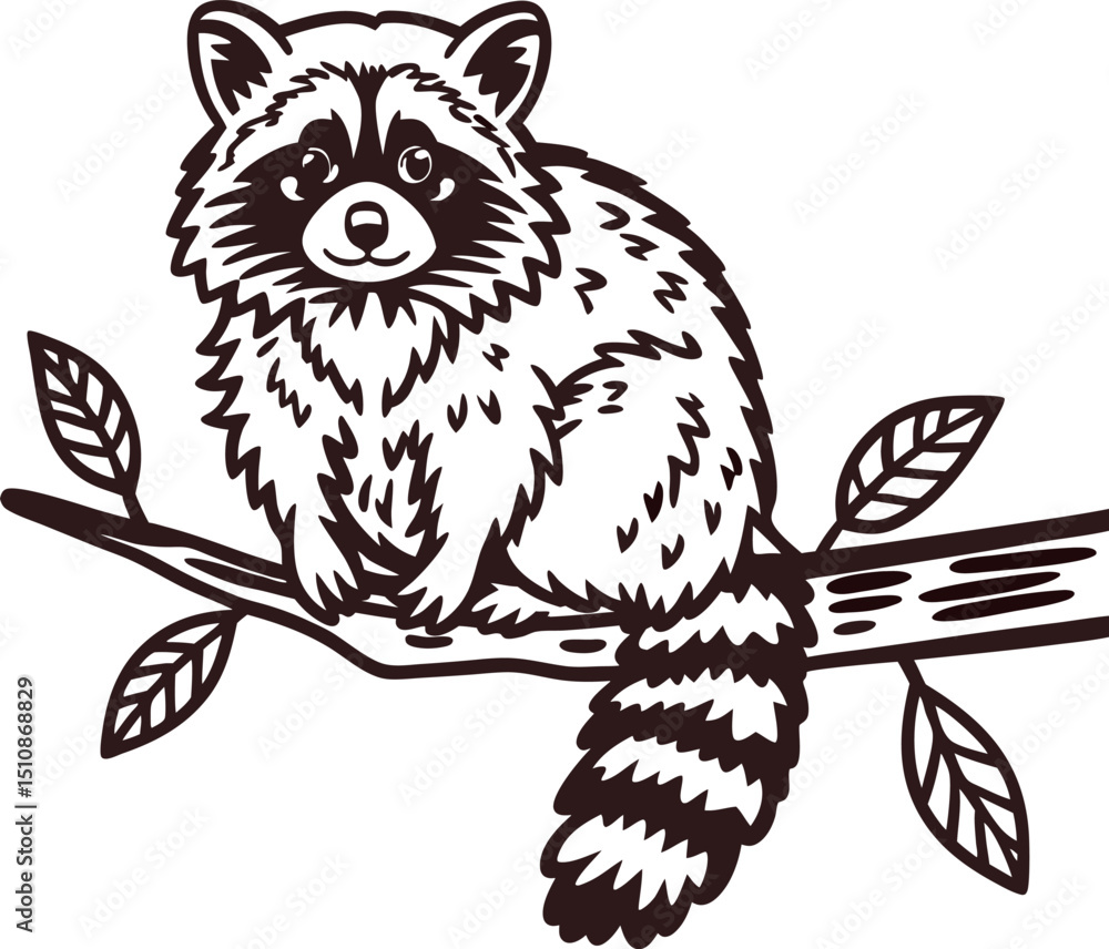 Obraz premium Illustrated raccoon sitting on branch with leaves in nature scene