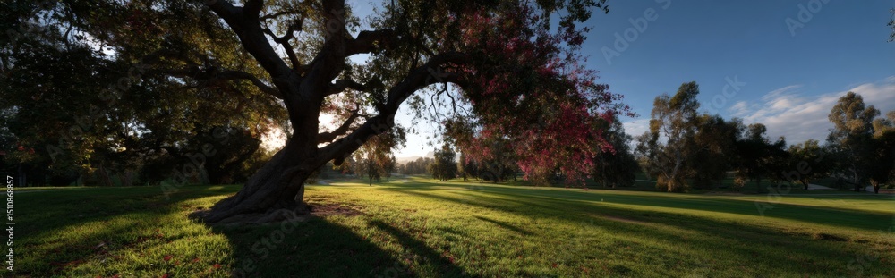 Fototapeta premium Golden Sunlight's Embrace: An old tree stands majestic, its branches reaching towards the sun, painting the meadow with long, golden shadows. A scene of serenity and the cycle of life.