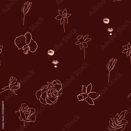 Female portrait Outline woman face, abstract flowers leaves, line continuous drawing vector seamless pattern.